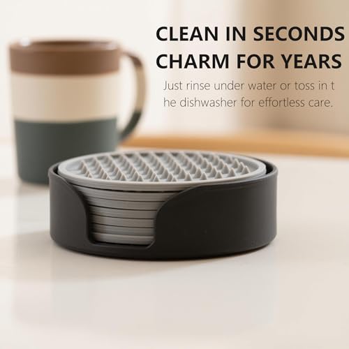Drink Coasters 6 Pack with Holder — Non-Slip Non-Stick Cup Mat for Hot & Cold Dr
