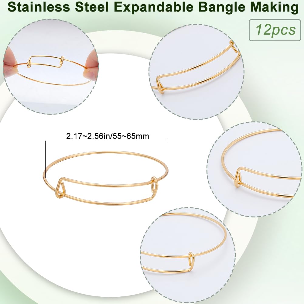12Pcs Gold Expandable Bangle Adjustable Wire Bracelets Stainless Steel Blank Met