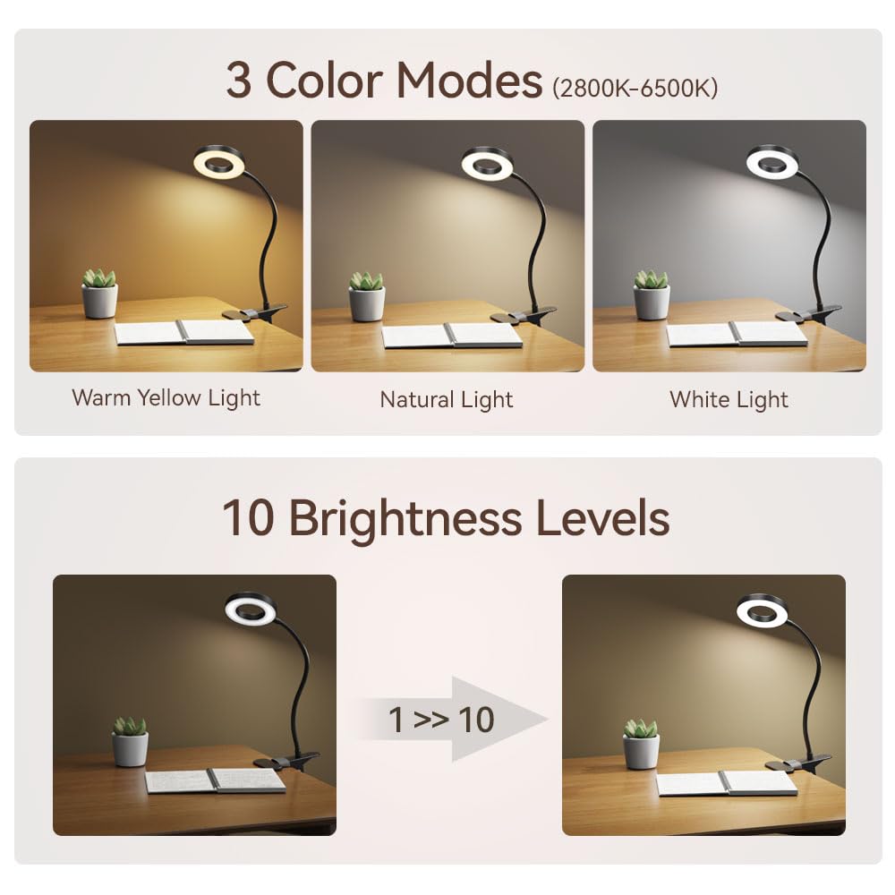 LED Desk Lamp Clip on Light with 3 Color Modes 10 Brightness Ring/Clamp Light 36