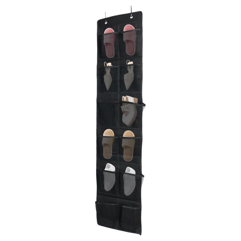 Shoe Organizer 12 Mesh Pockets — Hanging Storage with 4 Metal Hooks, Black