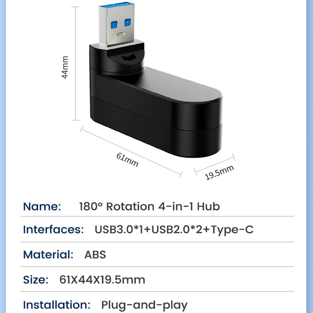 4-Port USB 3.0 Hub [90°/180° Degree Rotatable], USB Splitter with PD-in 5W USB C
