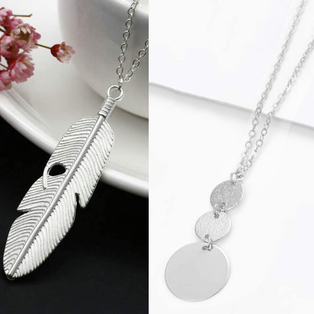 4 PCS Long Necklaces for Women - Fashion Pendant Necklace Jewelry, Silver Bar Fe