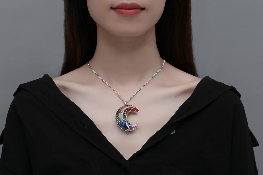 7 Chakra Healing Crystal Necklace Gothic Necklaces for Women Crescent Moon Phase
