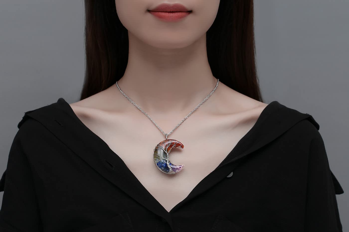 7 Chakra Healing Crystal Necklace Gothic Necklaces for Women Crescent Moon Phase