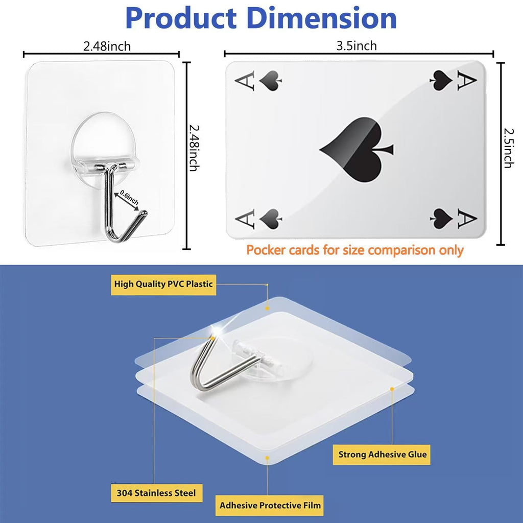 Wall Hooks 13LB Heavy Duty No Drill Transparent Waterproof Hooks for Ba