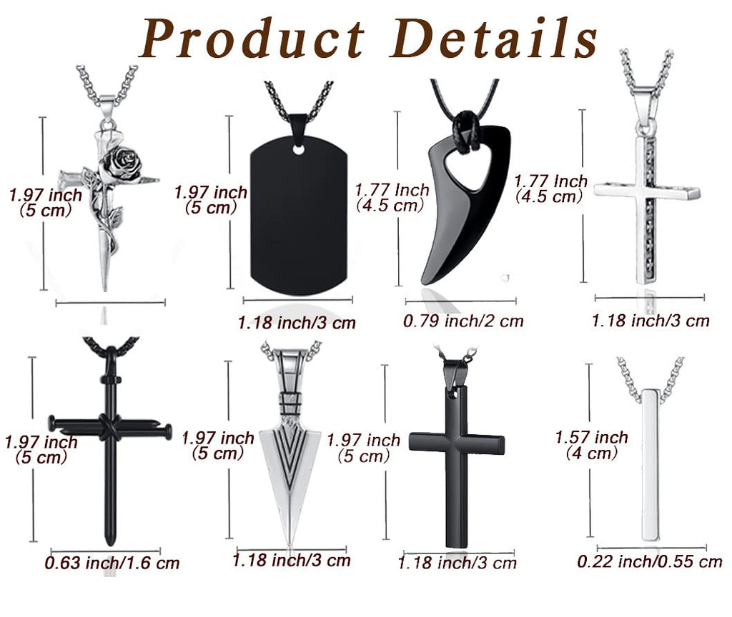 8 Pcs Necklace for Men, Mens Necklaces Jewelry Set, Black and Silver Stainless S