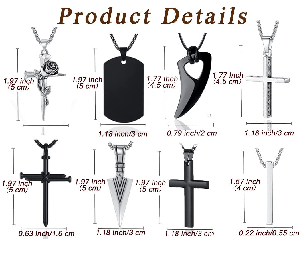 8 Pcs Necklace for Men, Mens Necklaces Jewelry Set, Black and Silver Stainless S