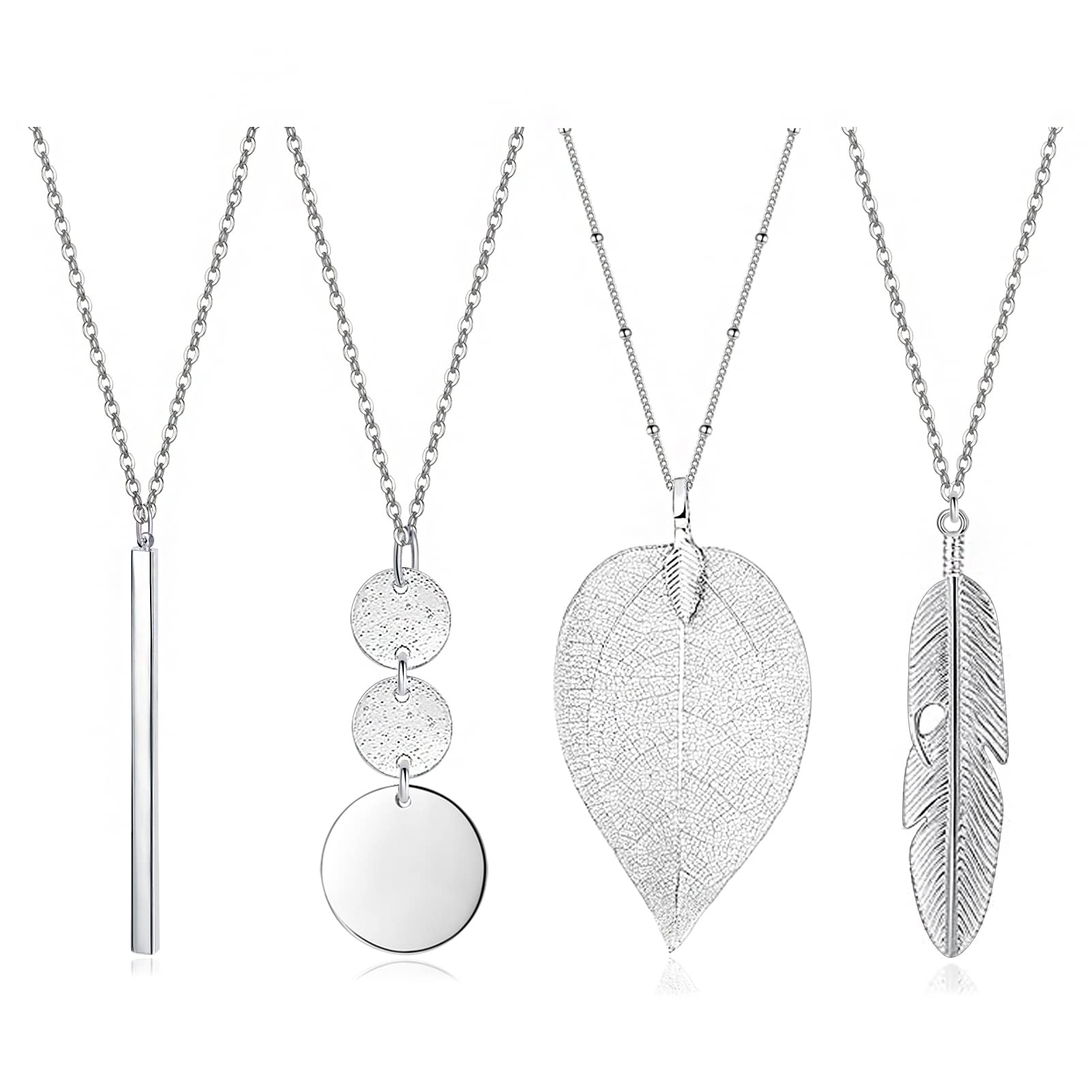 4 PCS Long Necklaces for Women - Fashion Pendant Necklace Jewelry, Silver Bar Fe