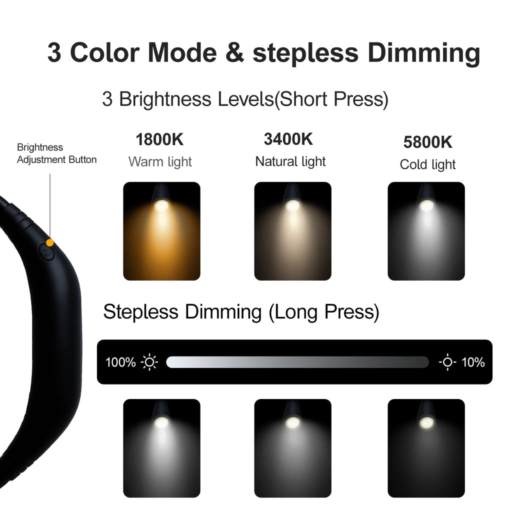 Rechargeable Neck Reading Light， Suitable for Reading Books with 3 Color Tempera