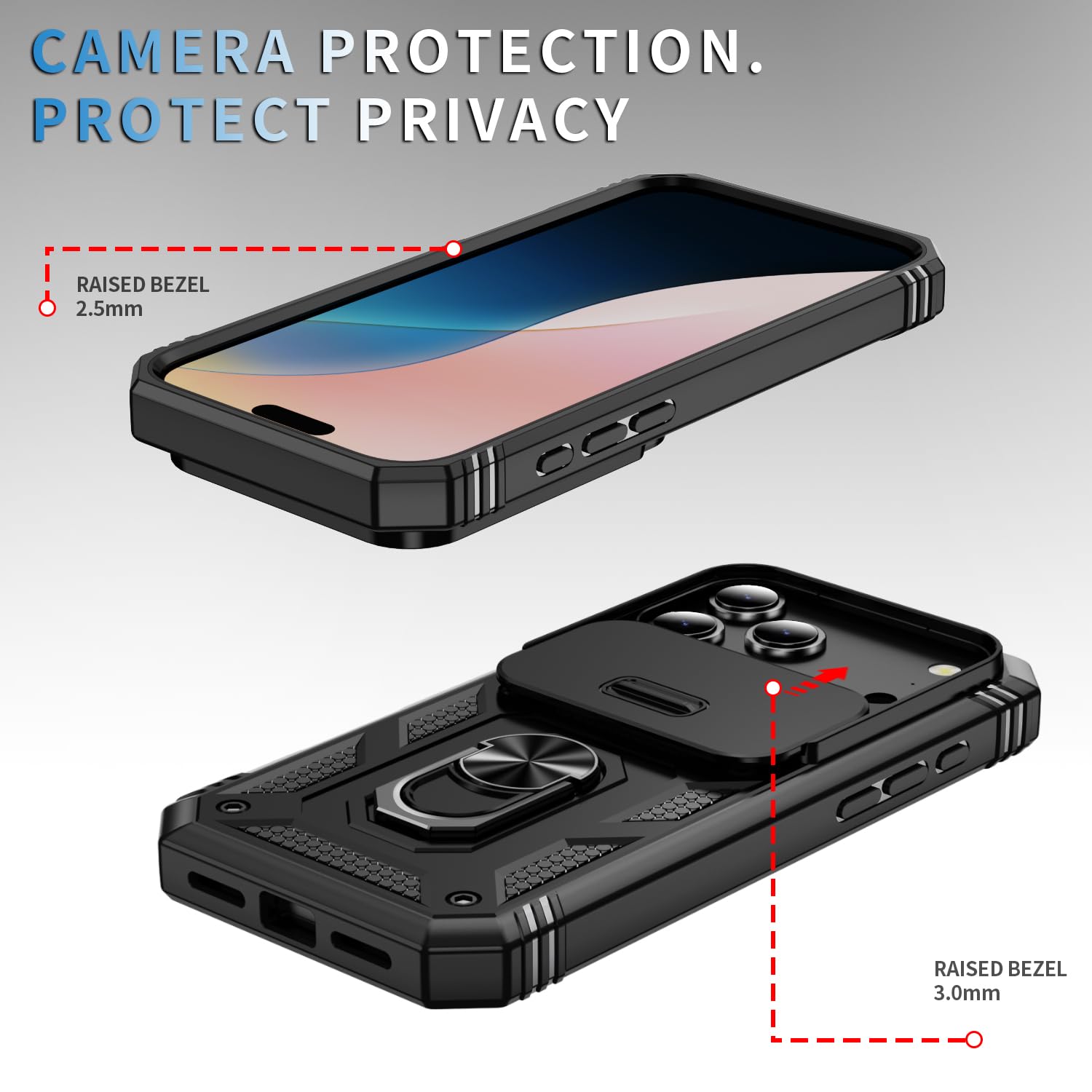 17 Pro Case 360° Metal Rotated Ring Holder Magnetic Kickstand【Slide Camera Cover