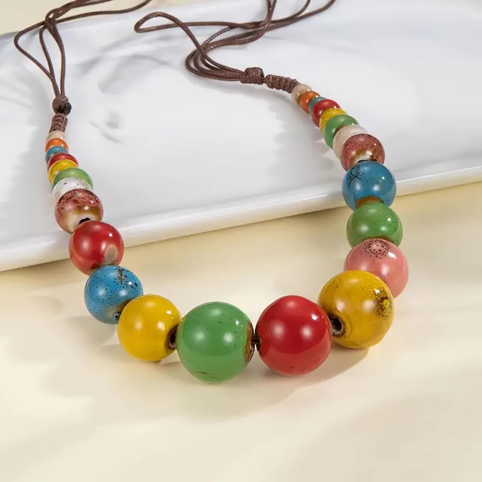 Boho Hippie Ceramic Beaded Necklace for Women Colorful Beaded Strand Necklace Vi