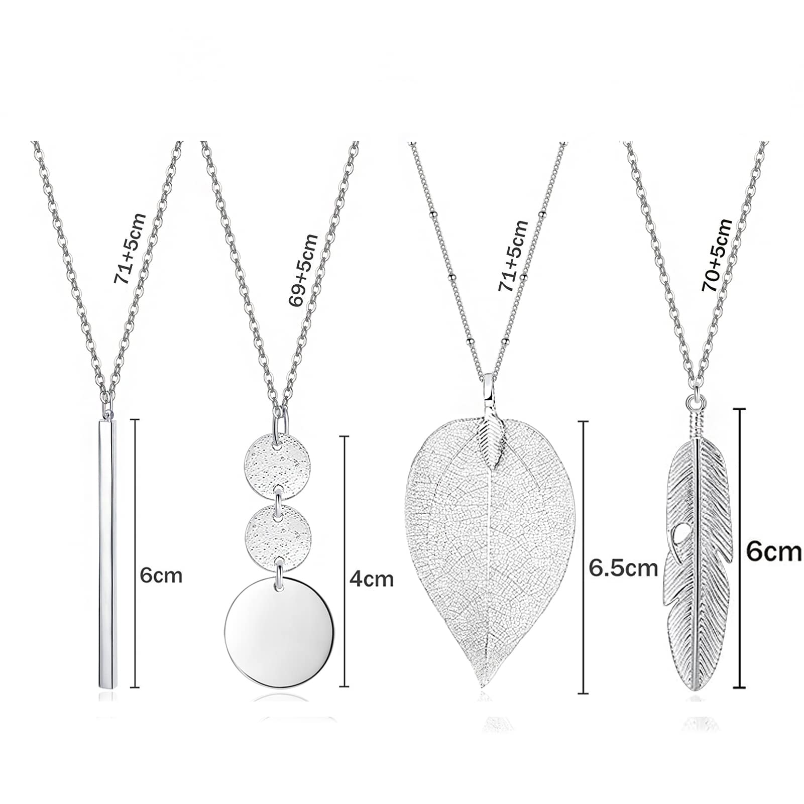 4 PCS Long Necklaces for Women - Fashion Pendant Necklace Jewelry, Silver Bar Fe