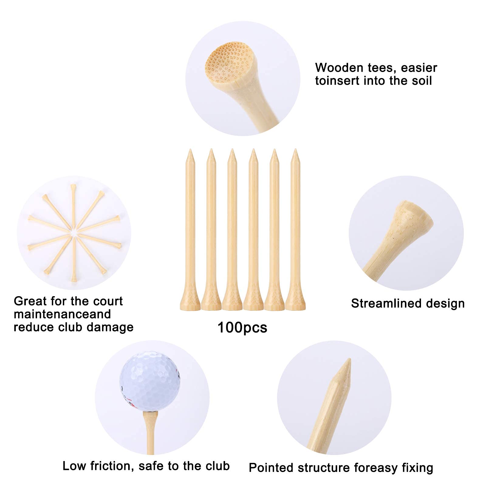 Golf Tees Durable Bamboo Tees 100Pcs 3-1/4" Friendly Biodegradable Material Redu