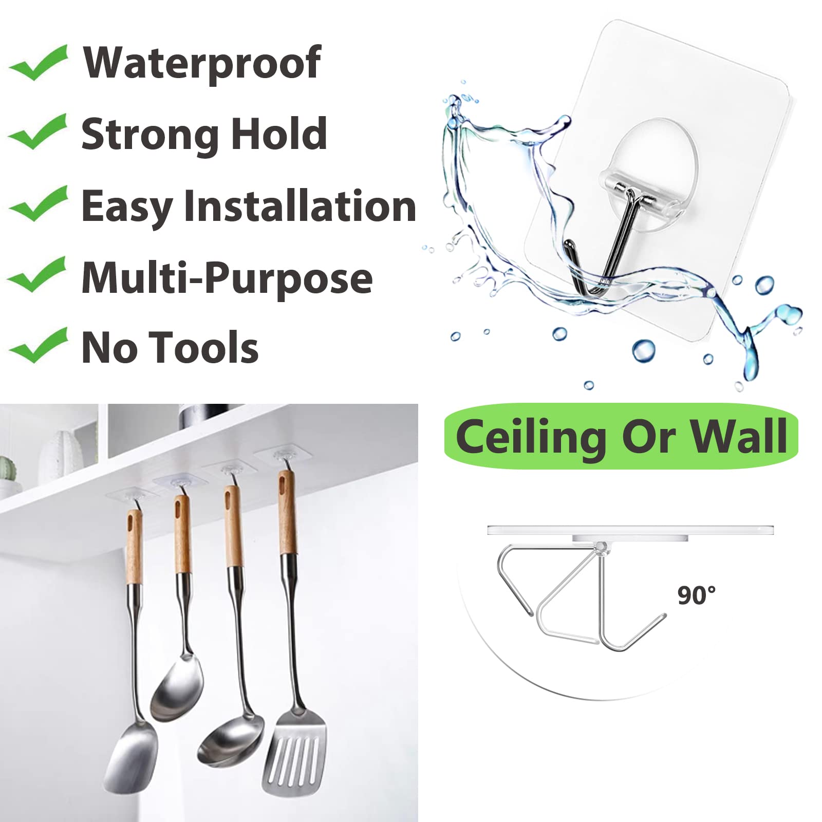 Wall Hooks 13LB Heavy Duty No Drill Transparent Waterproof Hooks for Ba