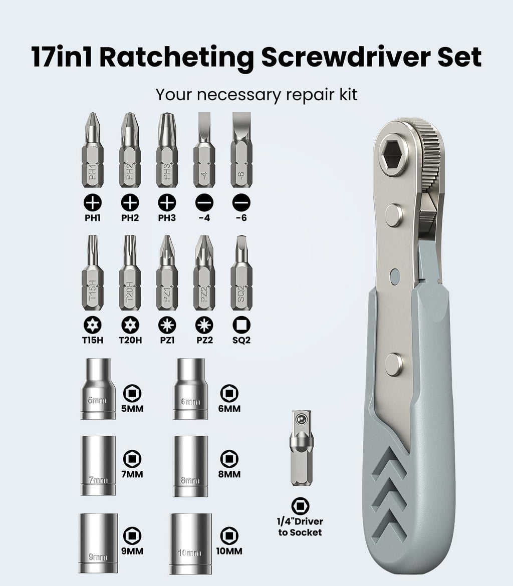 17in1 Right Angle Ratcheting Screwdriver Set, [Bearing Steel] 36-Tooth Mini Ratc