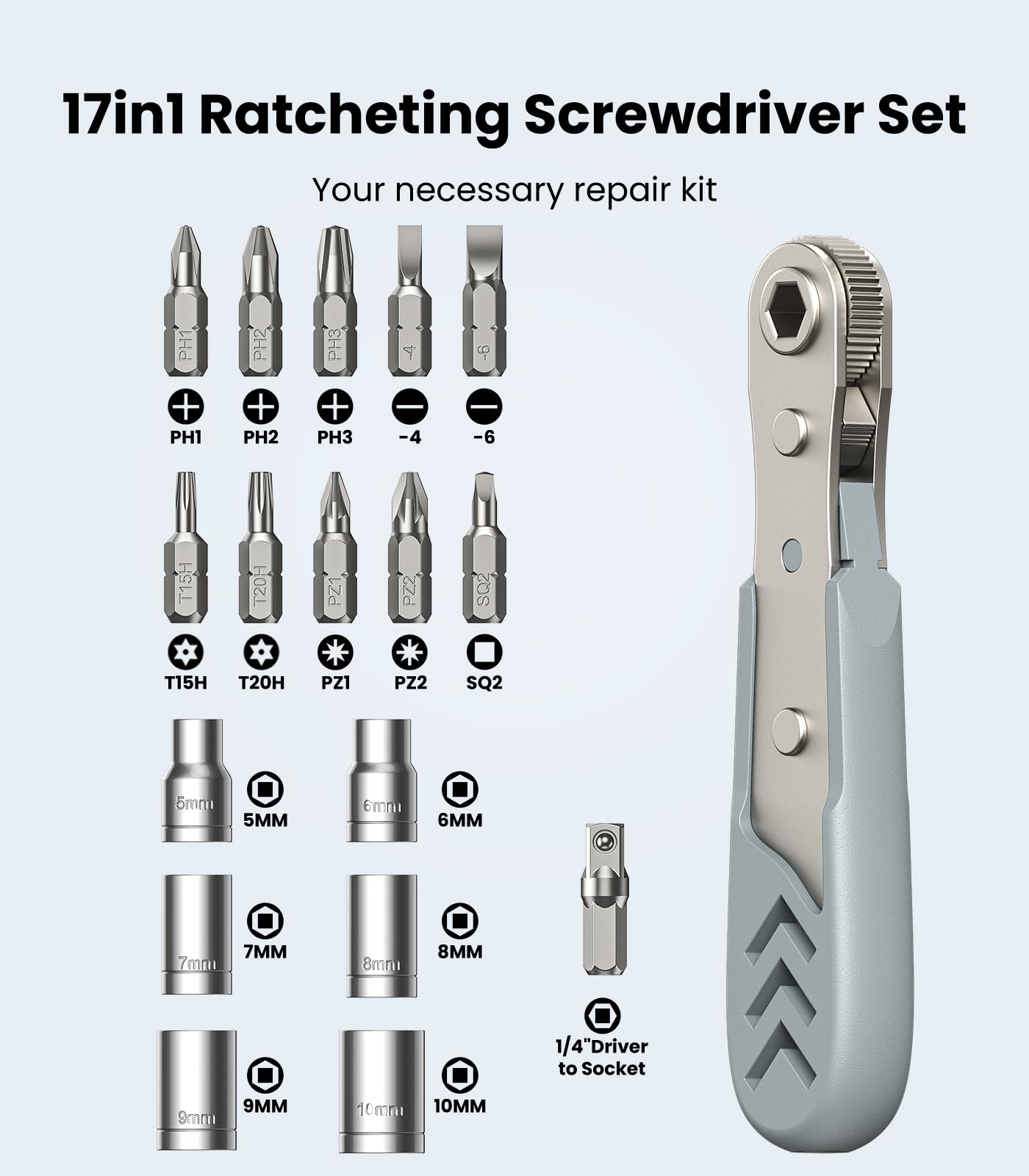 17in1 Right Angle Ratcheting Screwdriver Set, [Bearing Steel] 36-Tooth Mini Ratc