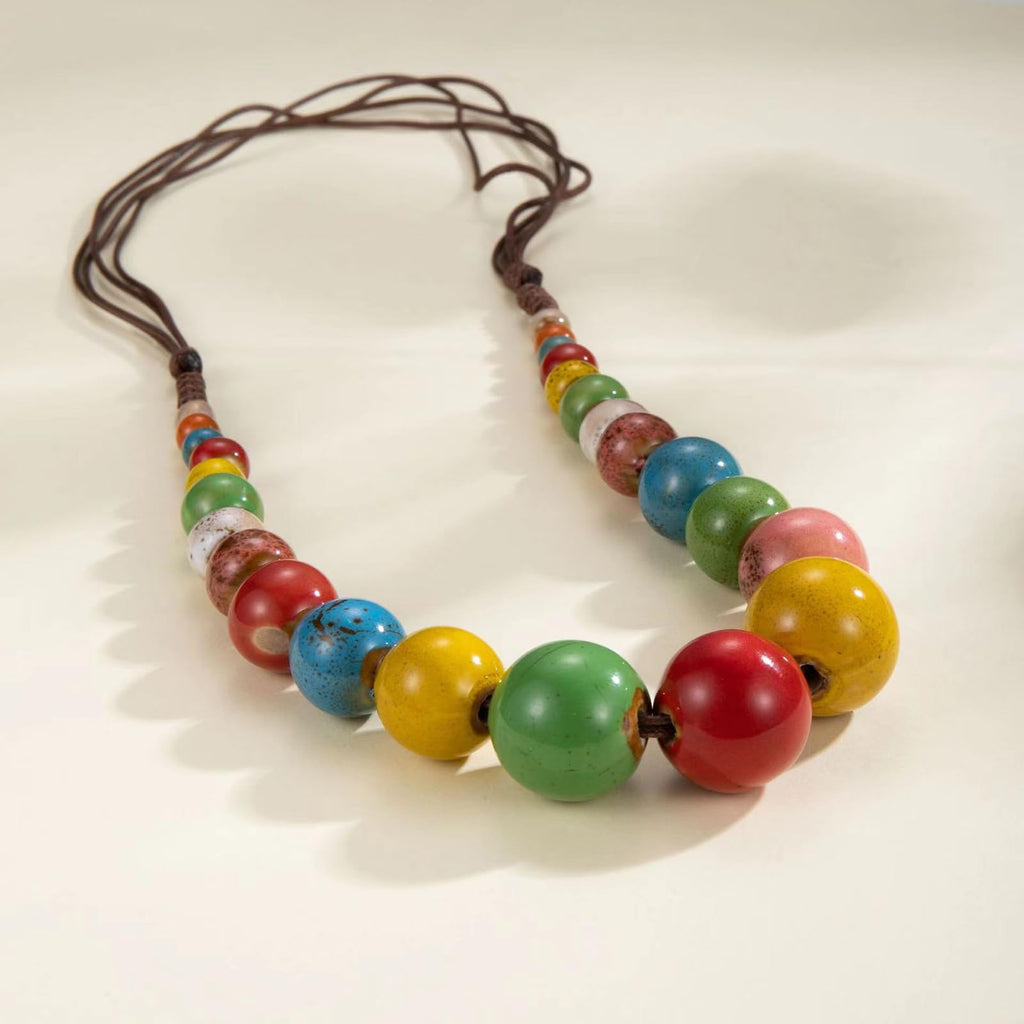 Boho Hippie Ceramic Beaded Necklace for Women Colorful Beaded Strand Necklace Vi
