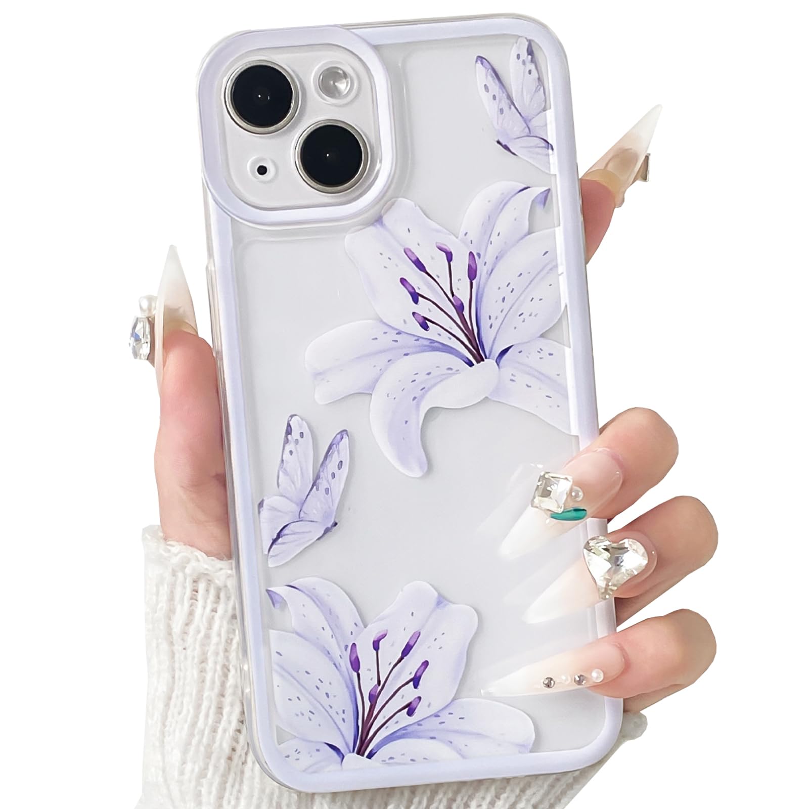 iPhone 14 Case Cute Durable Lily Flower Floral Butterfly Pattern For Women Girls Color