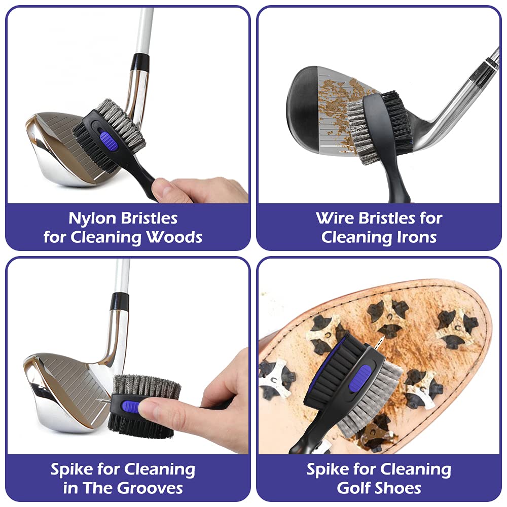 2 Pack Golf Club Brushes and Groove Cleaner 2 ft Retractable Zipline Carabiner O