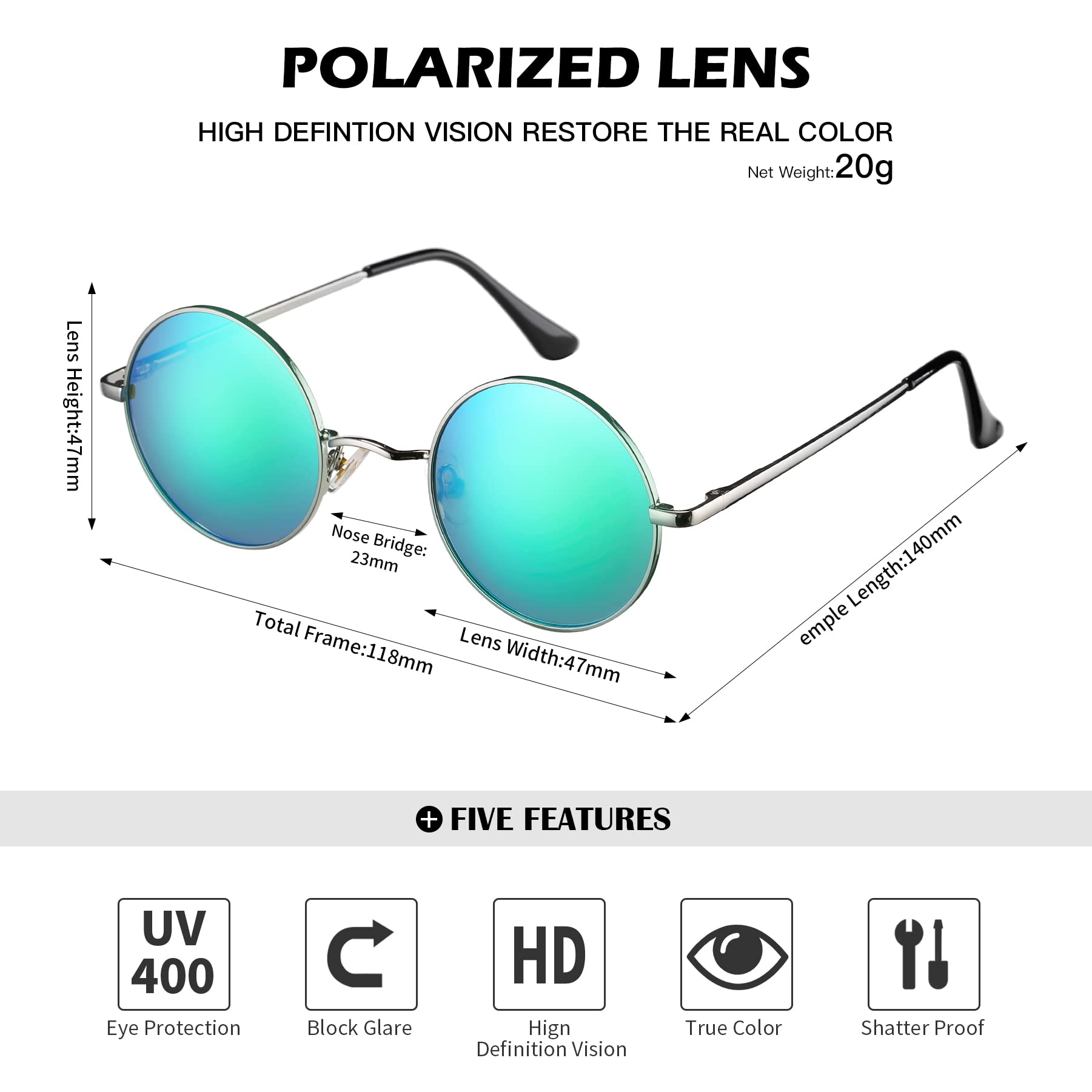 Small Round Polarized Sunglasses for Men Women Circle Retro Shades Metal Hi