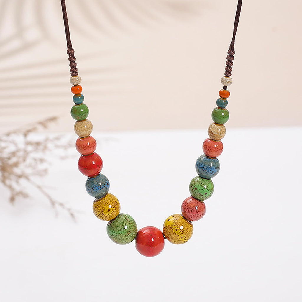 Boho Hippie Ceramic Beaded Necklace for Women Colorful Beaded Strand Necklace Vi