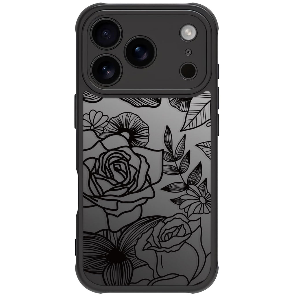 Flower Case For Iphone 17 Pro, Rose Aesthetic Black Line Art Floral Pattern Prin