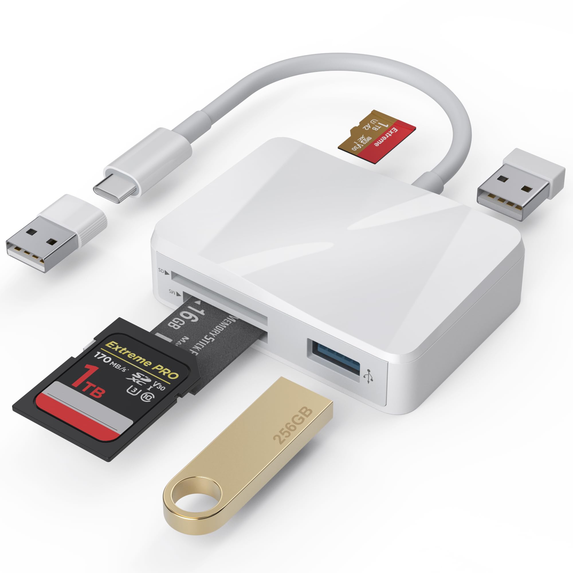 Card Reader, 5 in 1 USB-C & USB Card Adapter with SD/MicroSD/MS and Dual USB-A P