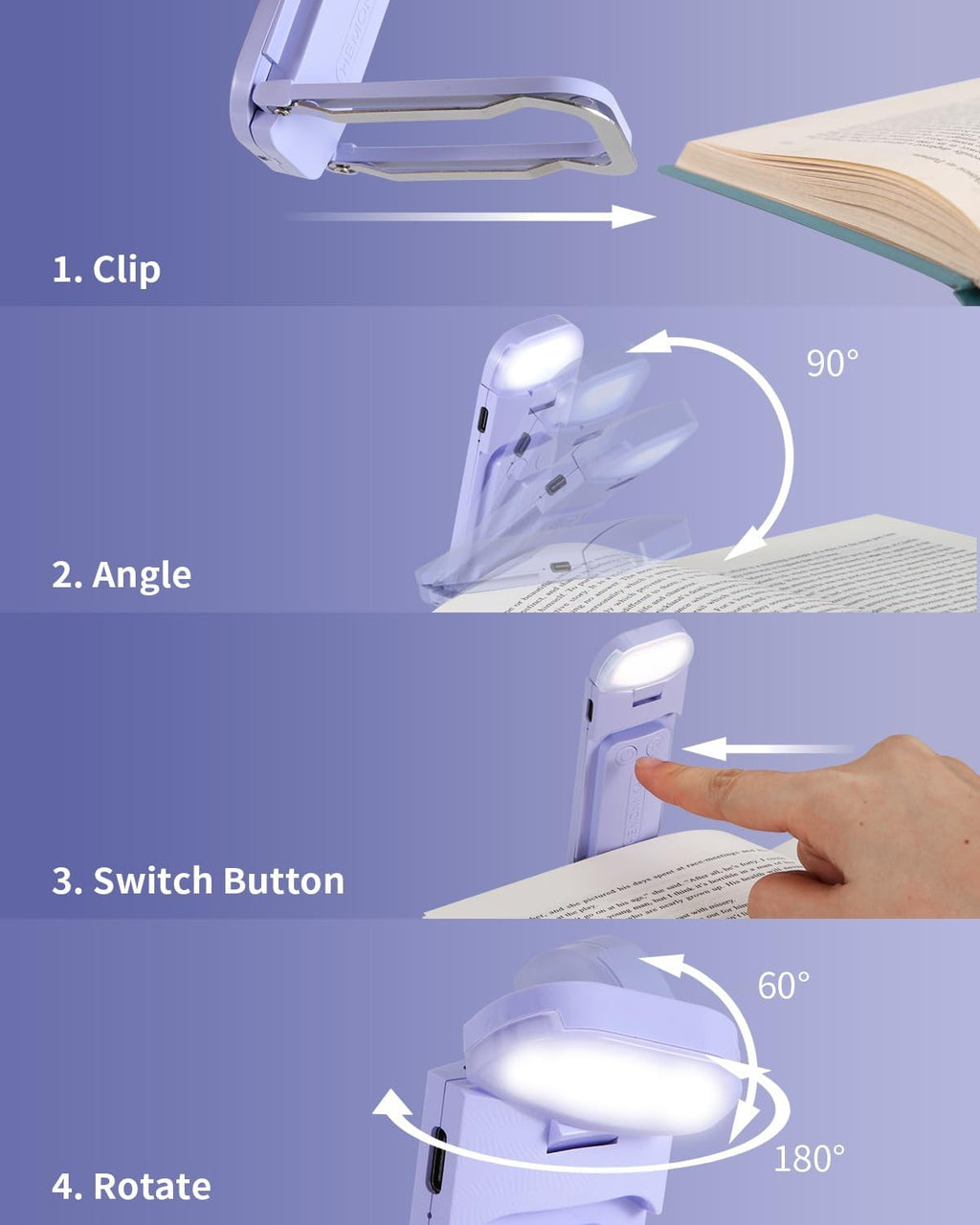 Book Reading Light, Rechargeable Clip on Booklight, Eye Caring 3 Color Temperatu