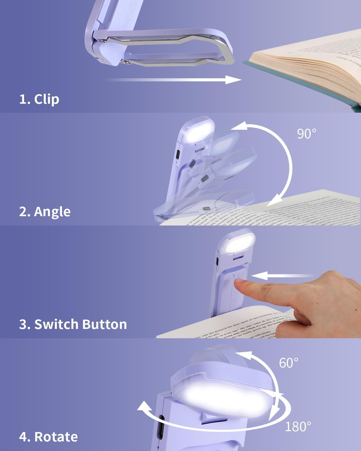 Book Reading Light, Rechargeable Clip on Booklight, Eye Caring 3 Color Temperatu