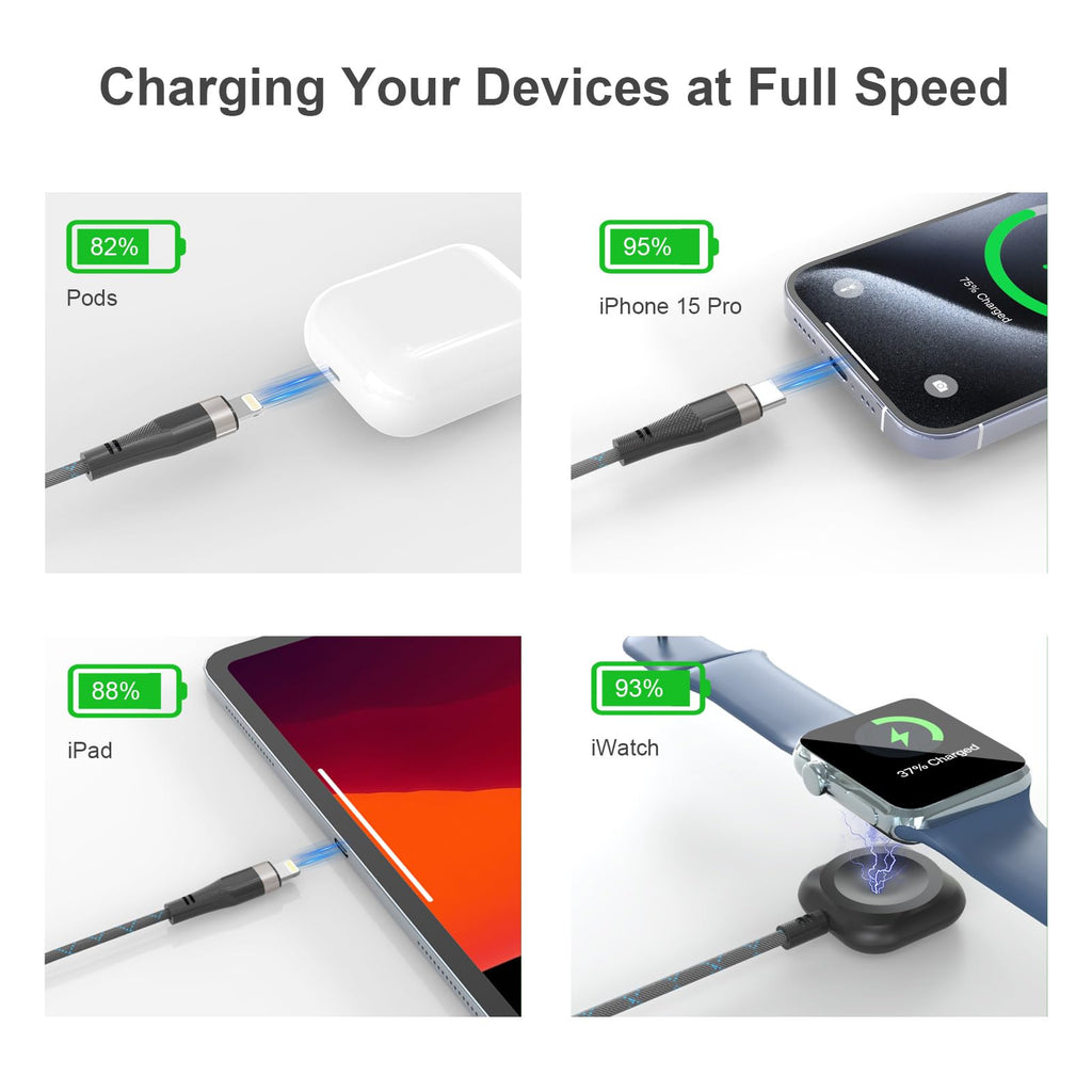 Multi Charging Cable for Apple Watch, iPhone & Galaxy - USB C/Lightning/Mic