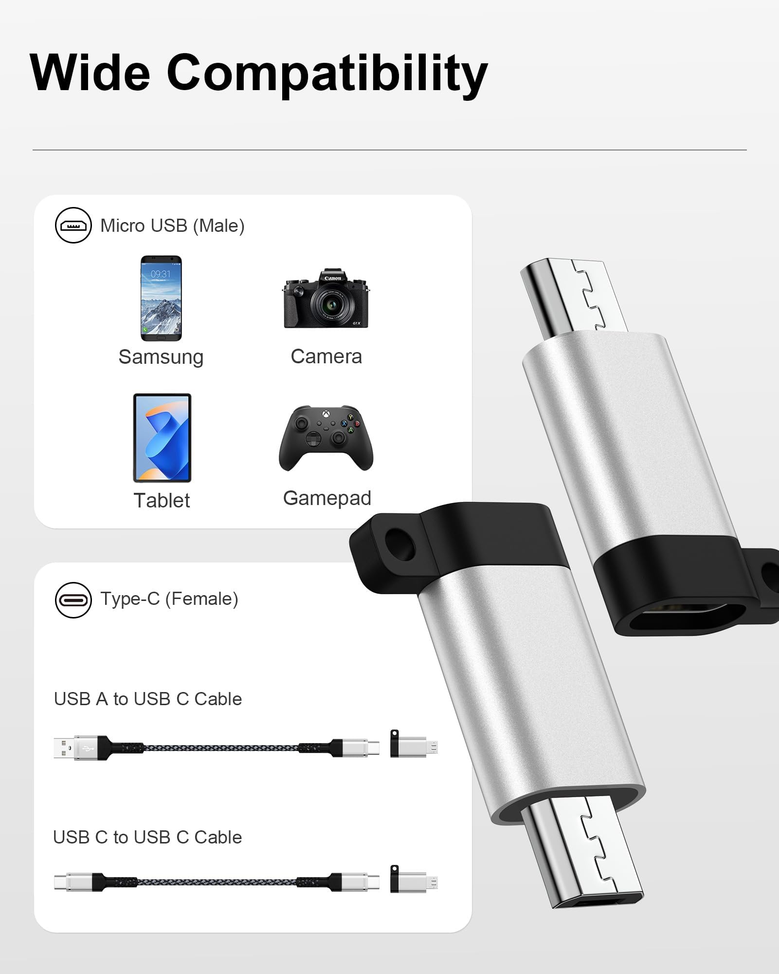 USB to USB C Adapter, 2-Pack Type C Female to Micro USB Male Converter, USB C to