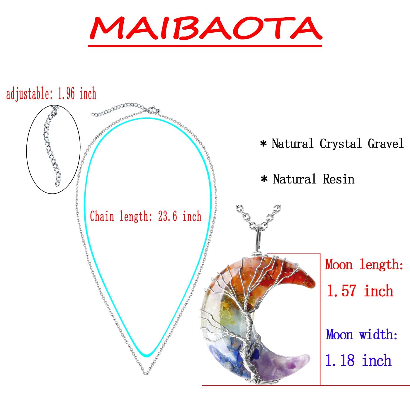 7 Chakra Healing Crystal Necklace Gothic Necklaces for Women Crescent Moon Phase