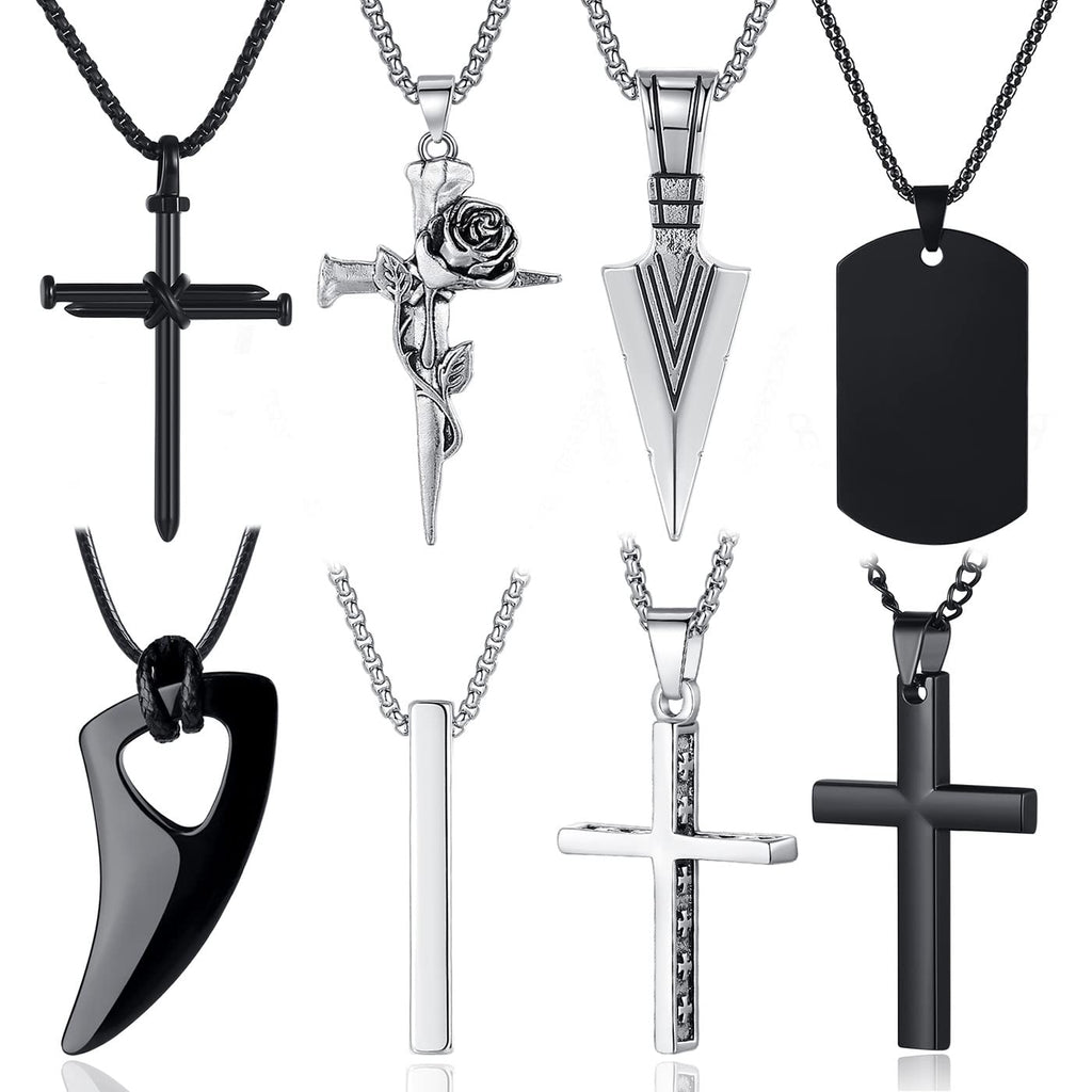 8 Pcs Necklace for Men, Mens Necklaces Jewelry Set, Black and Silver Stainless S