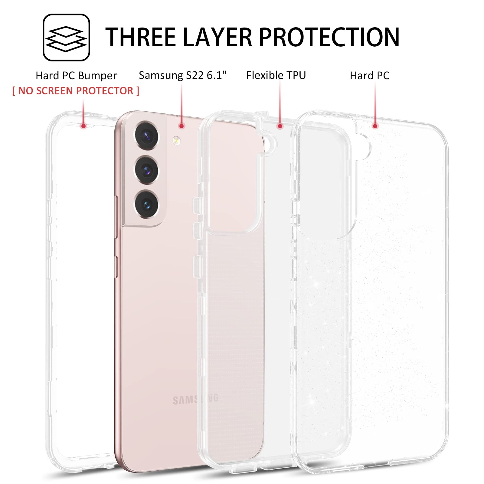 Galaxy S22 5G Glitter Full Body Case - Heavy-Duty 3-in-1 Protection for Ultimate