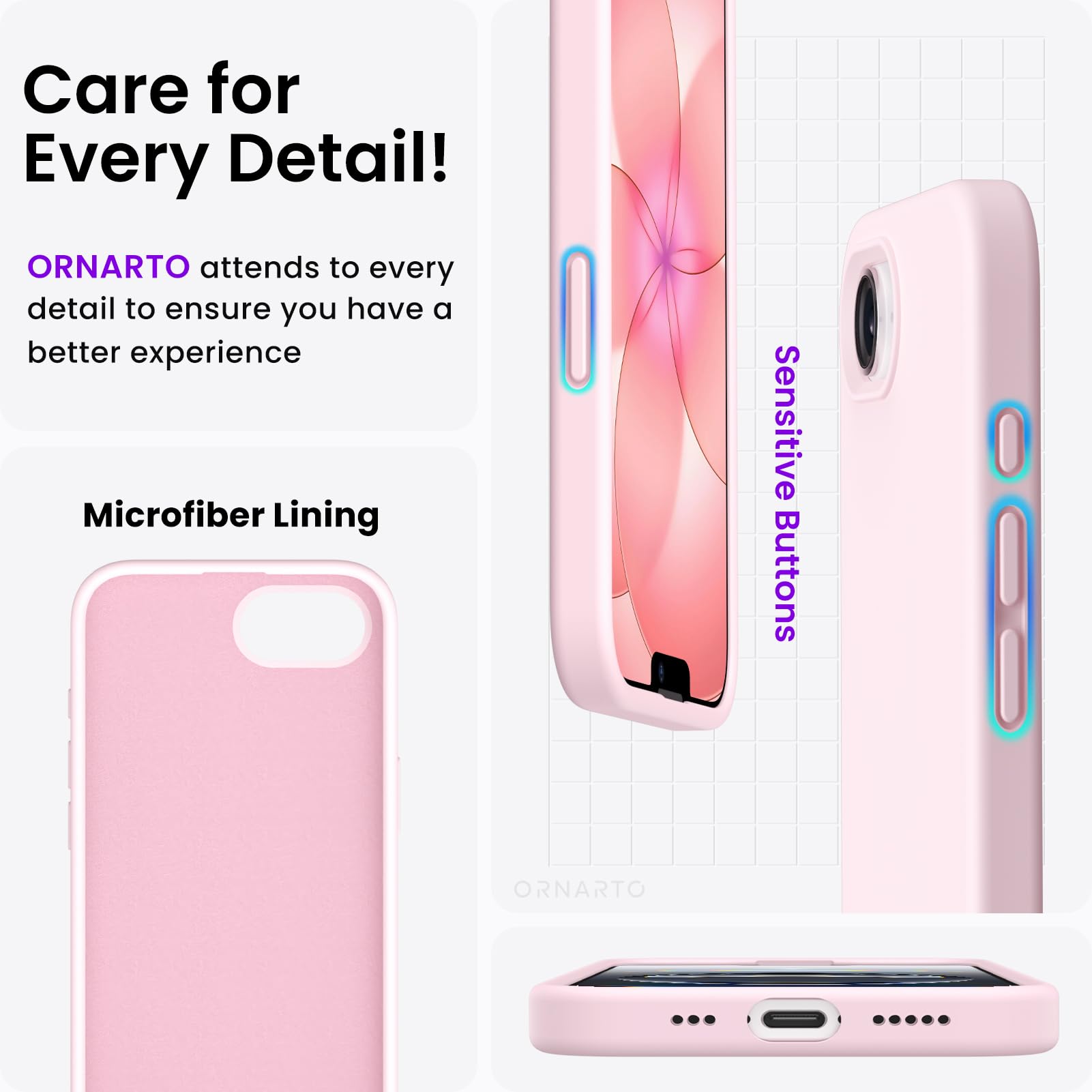Case And For Iphone 16E Case 6.1", Liquid Silicone 3 Layers Full Covered pink