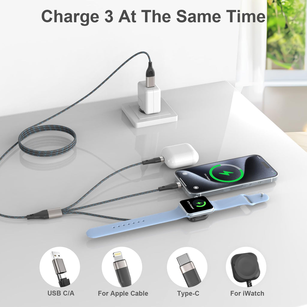 Multi Charging Cable for Apple Watch, iPhone & Galaxy - USB C/Lightning/Mic