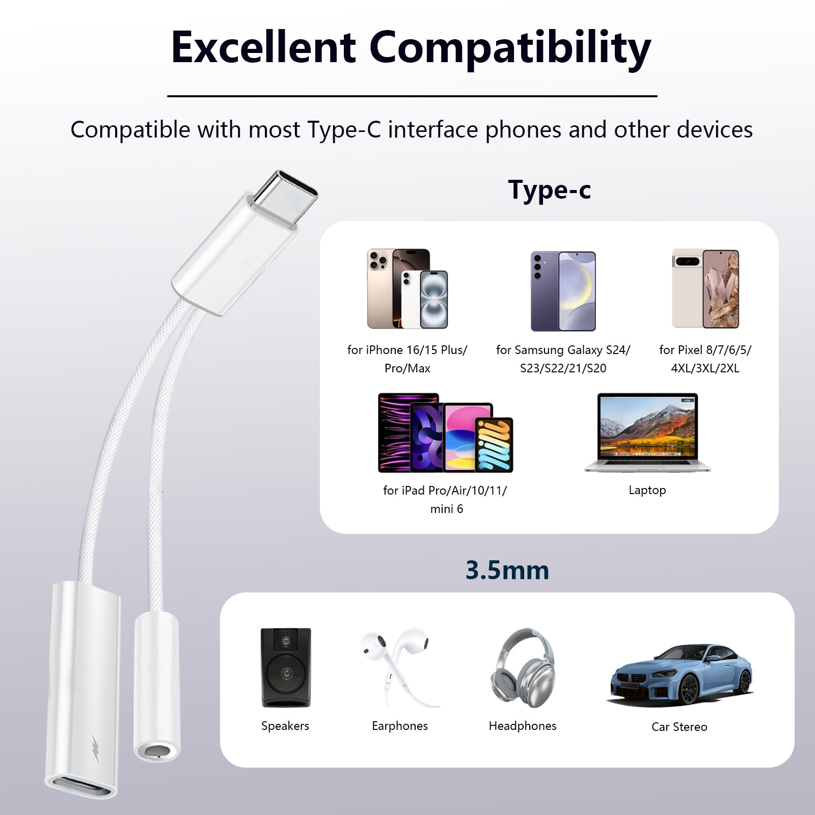 To 3.5Mm Headphone And Charger Adapter, 2-In-1 Usb Type C To Aux Jack Dongle Cab