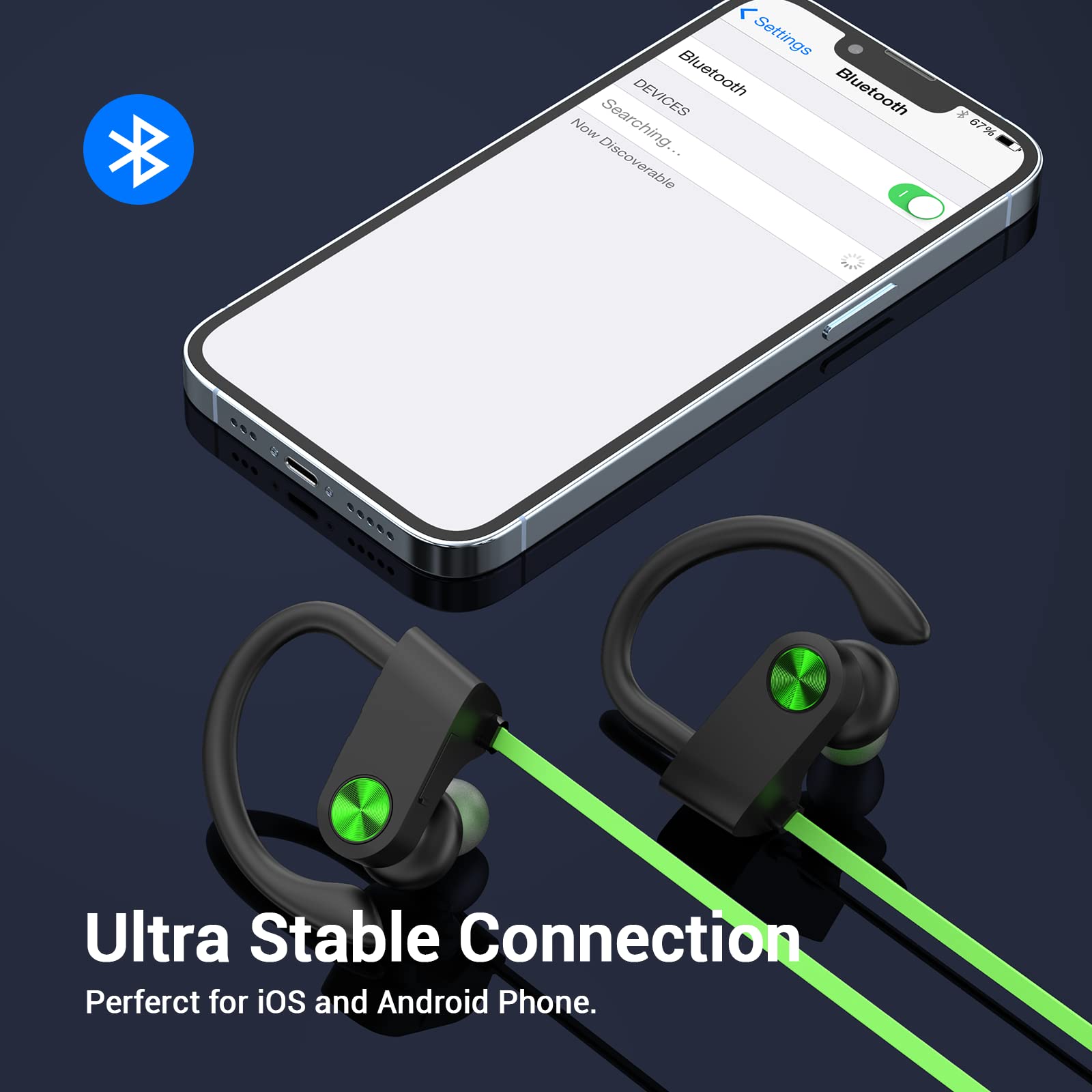 Bluetooth Headphones, HiFi Bass Stereo Earbuds with Noise Cancelling Mic, IPX7 W