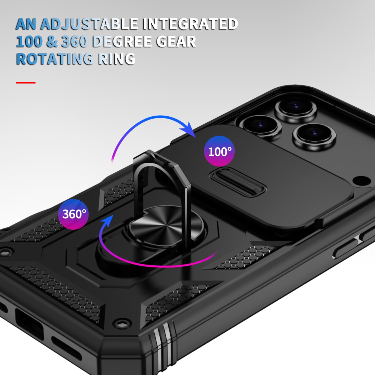 17 Pro Case 360° Metal Rotated Ring Holder Magnetic Kickstand【Slide Camera Cover