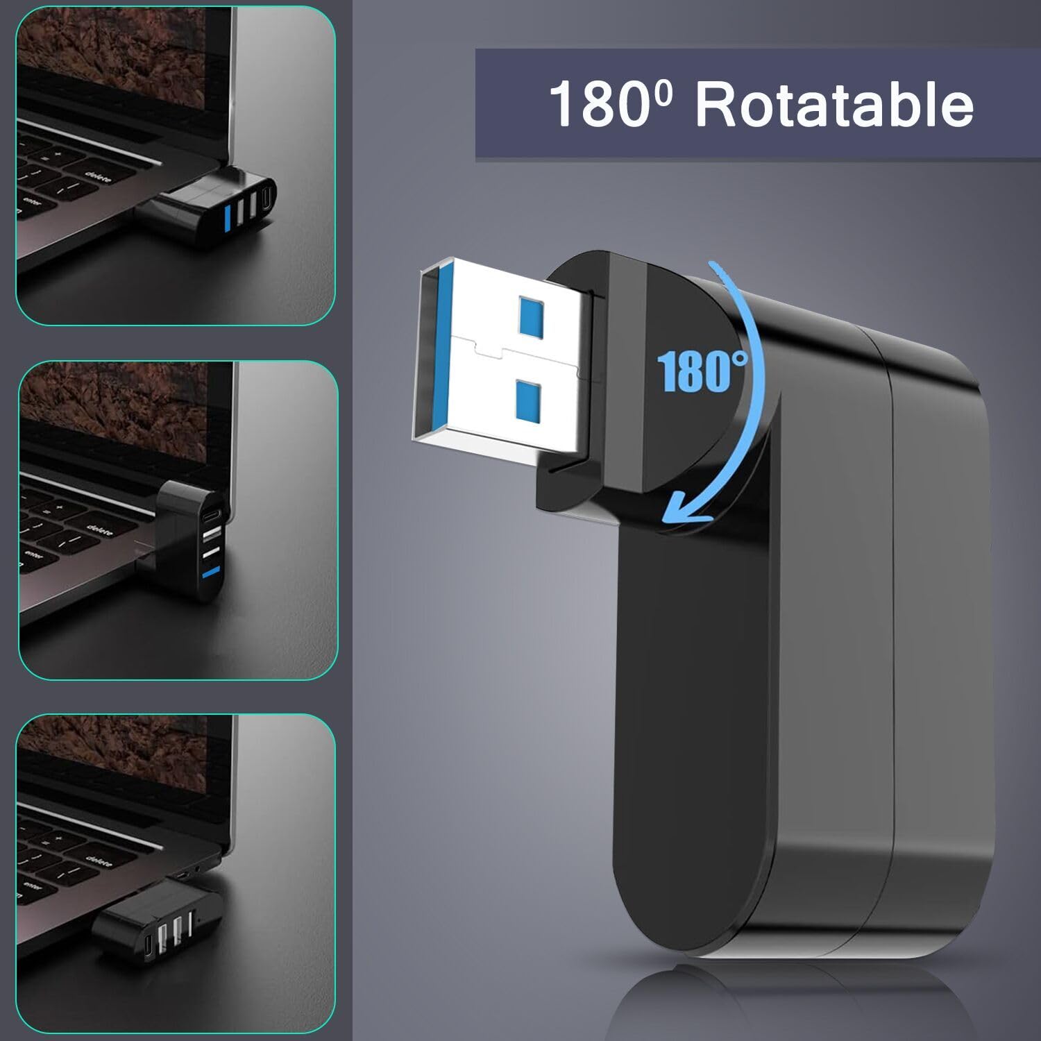 4-Port USB 3.0 Hub [90°/180° Degree Rotatable], USB Splitter with PD-in 5W USB C