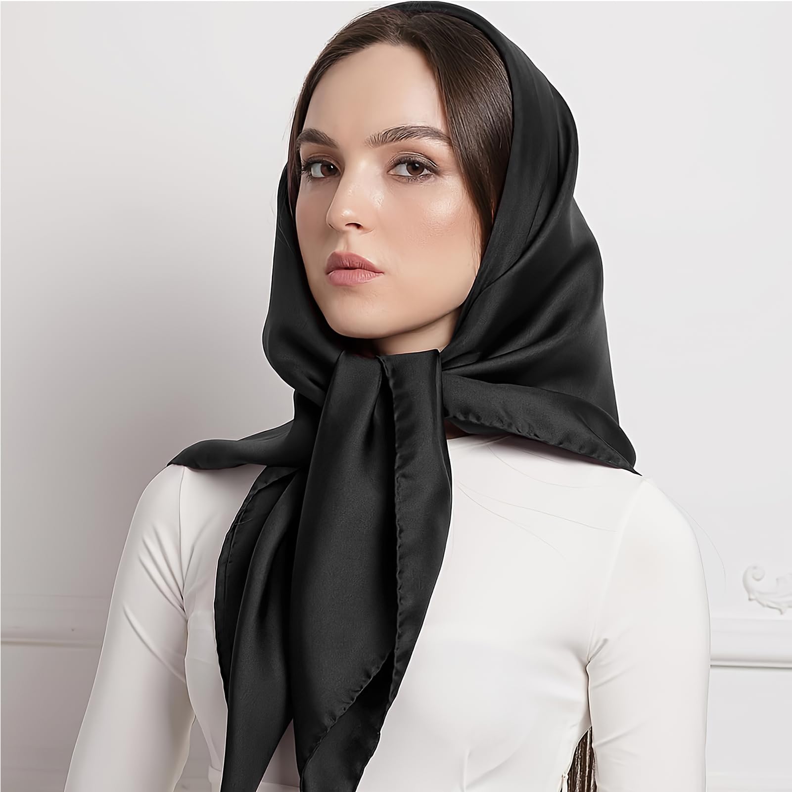 Silk Feeling Scarf, 35'' Square Retro Soild color Satin Headband Scarf for