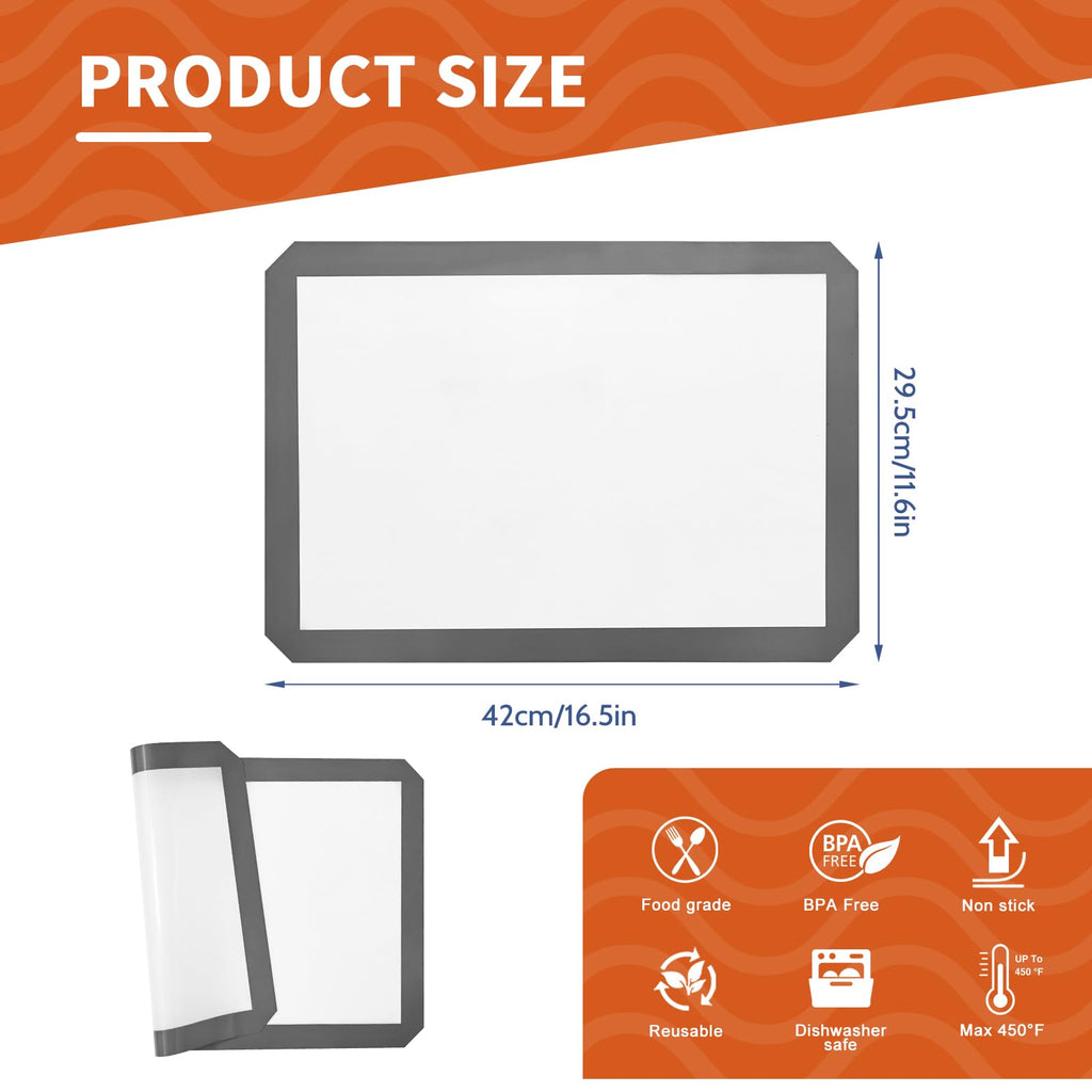 Baking Mat Set of 2 — 16.5"x11.6" Non-Stick Reusable BPA-Free Sheet for Cookies,
