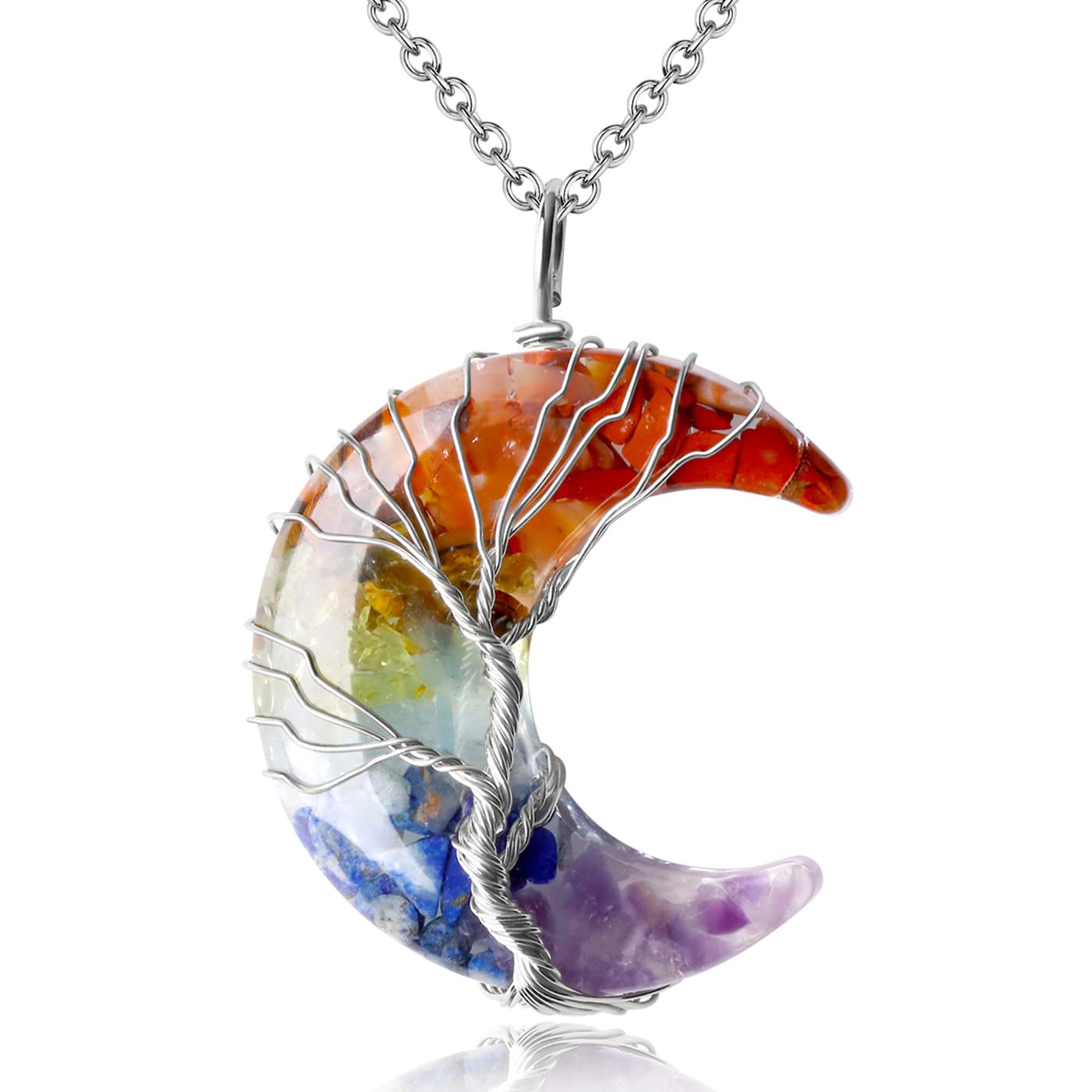 7 Chakra Healing Crystal Necklace Gothic Necklaces for Women Crescent Moon Phase
