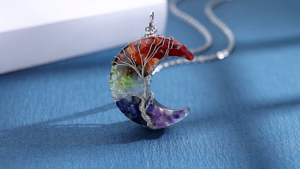7 Chakra Healing Crystal Necklace Gothic Necklaces for Women Crescent Moon Phase