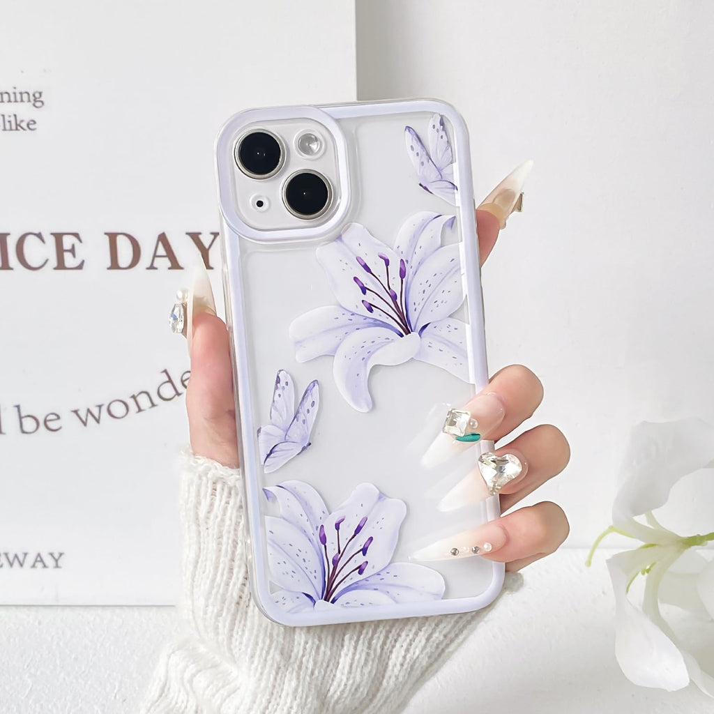 iPhone 14 Case Cute Durable Lily Flower Floral Butterfly Pattern For Women Girls Color