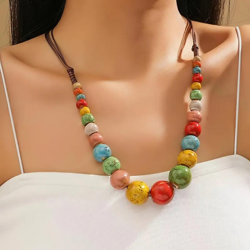 Boho Hippie Ceramic Beaded Necklace for Women Colorful Beaded Strand Necklace Vi