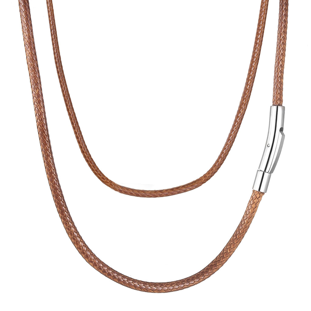 Brown Waterproof Braided Leather Cord Necklace with Durable Stainless Steel Snap