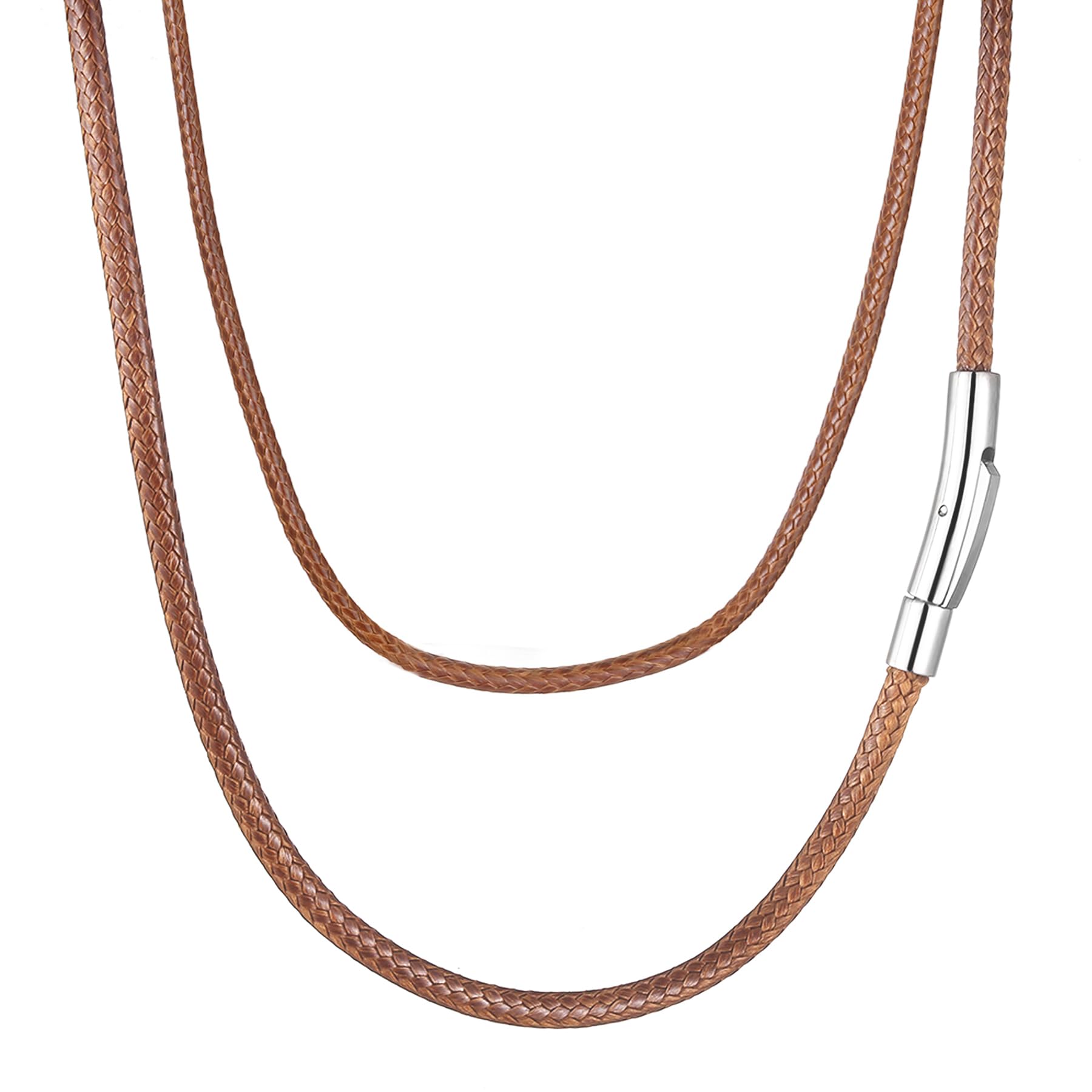 Brown Waterproof Braided Leather Cord Necklace with Durable Stainless Steel Snap