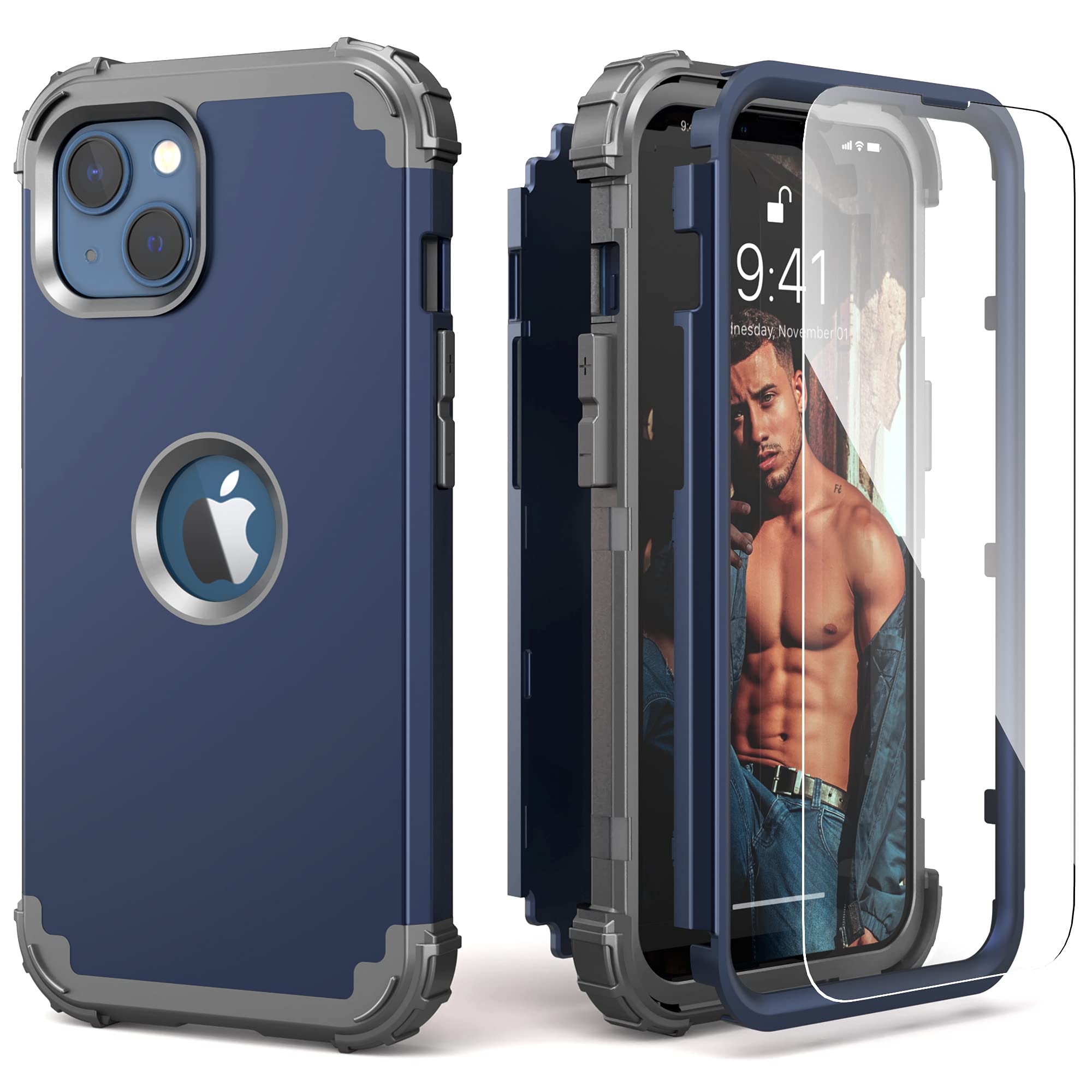 for iPhone 13 Case with Screen Protector, for iPhone 14 Case, Hybrid Shockproof
