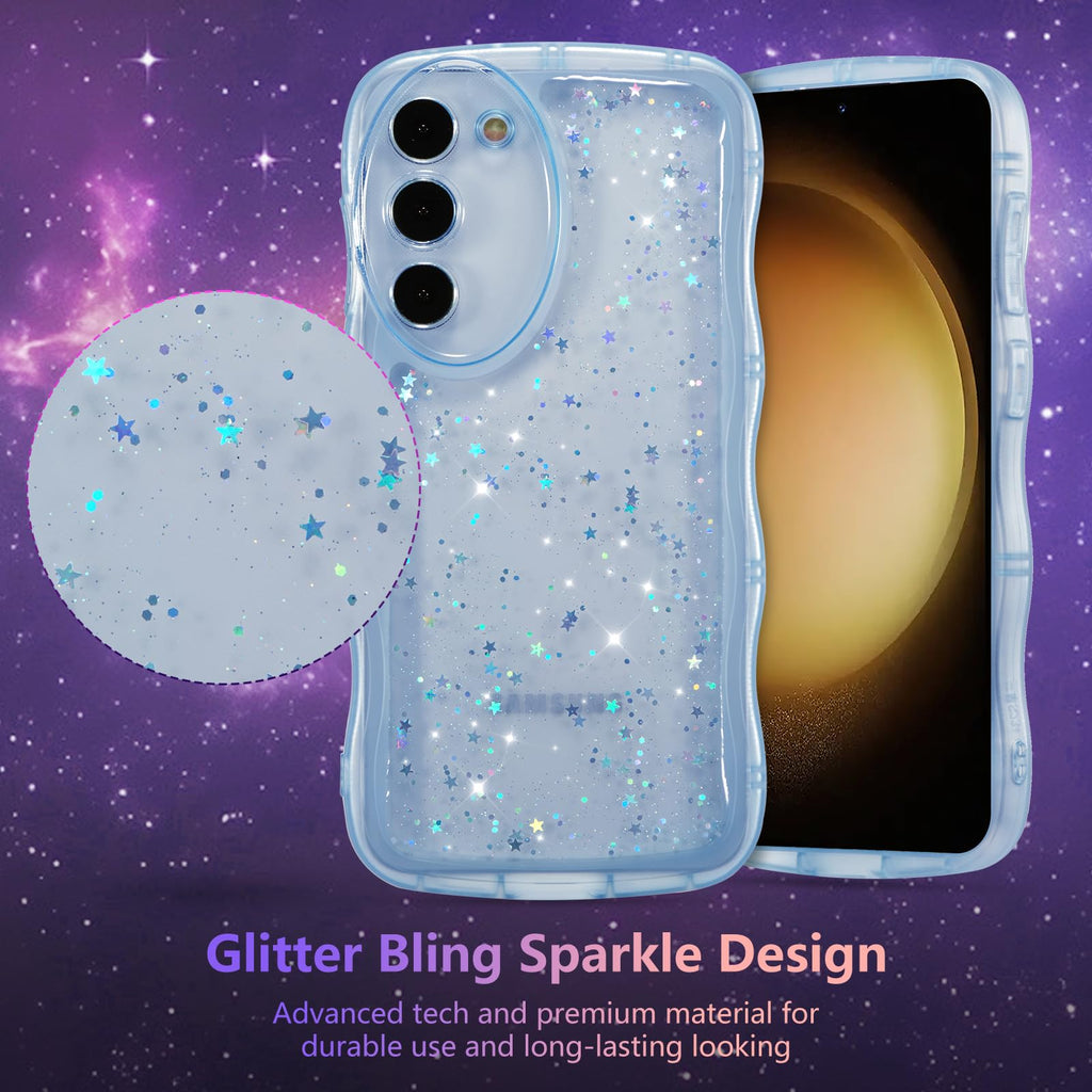 for Samsung Galaxy S23 5G Case 6.1",Cute Curly Wave Case with Star Glitter,Clear
